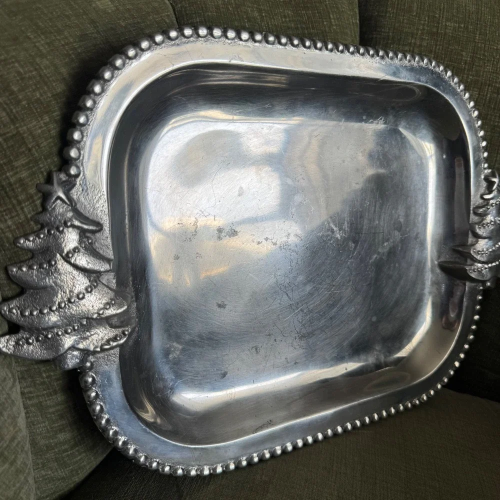 Pewter Christmas Tree Serving Tray 16 x 11 Silver Heavy Holiday Serving Platter